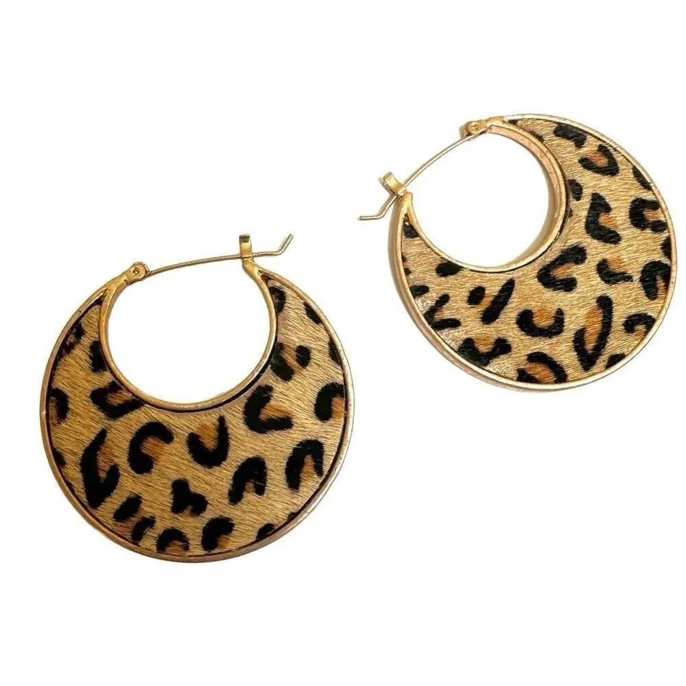 faux fur animal print  gold tone hoop earrings